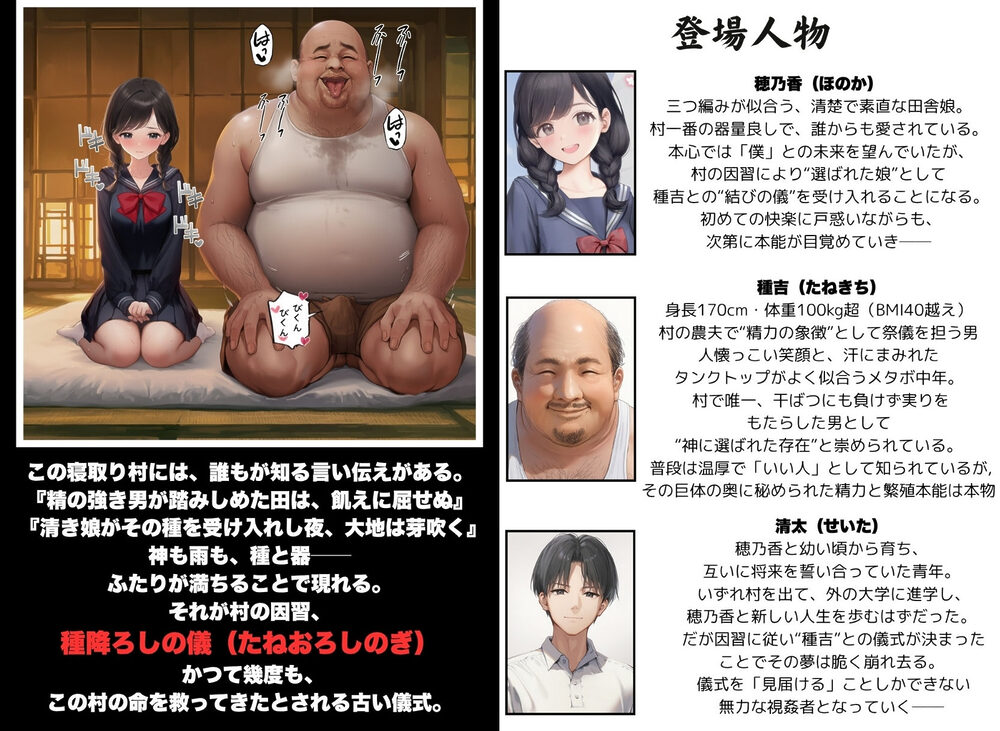 【因習村】村の飢饉を救うため差し出された僕の彼女、BMI40越えの性欲だけはいっちょ前の種付けおじさんに媚薬を飲まされ、おじさん特有のねちっこい前戯で全身べちょべちょに舐められた挙げ句、聖なる肉棒（チンカス付き）の掃除を実施！その後は遂に処女おまんこにゴールイン！入念かつ丹念にがん突きにされ、イキまくりんぐ！一晩中汗だくで連続絶頂アクメを決めさせられた話 画像1